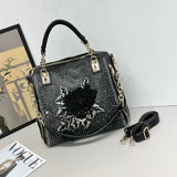 EVERY FASHION Denim Rhinestone Embroidered Floral Handbag