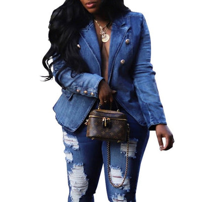 MB FASHION DENIM COLLARED BUTTON UP BLAZER COAT 0614LY