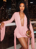 MB FASHION Deep V Plunging Neckline Long Sleeve Draped Mini Skirt Set 6101