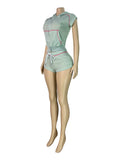 MB FASHION Waffle Knit Short Sleeve Hooded Zip-Up Crop Top & Shorts 2 PCS SET