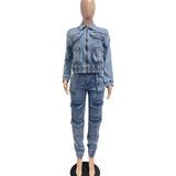 MB FASHION Denim Cargo Set – Cropped Zip Jacket and Pocket Joggers 8158