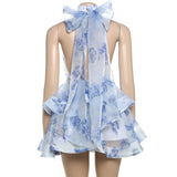 MB FASHION Blue Floral Halter Mini Dress – Layered Ruffle A-Line Elegance 1176LY