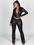 MB FASHION Faux Leather Set – Cropped Zip Jacket and Flare Pants