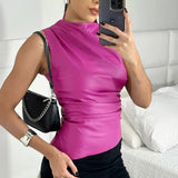 MB FASHION Sleeveless Asymmetrical Faux Leather Top 298