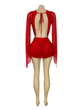 MB FASHION Deep V Plunging Neckline Long Sleeve Draped Mini Skirt Set 6101