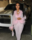 MB FASHION Feather Trim Sheer Jumpsuit Set 65