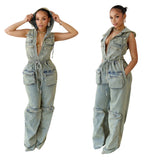 MB FASHION Hooded Denim Jumpsuit with Utility Pockets and Drawstring Waist 8582LY