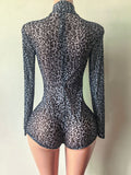MB FASHION Leopard Print Mesh Mock Neck Romper 2673