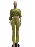 MB FASHION Ruched Off-Shoulder Top & High-Waist Flared Pants Set 9532