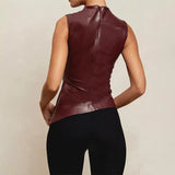 MB FASHION Sleeveless Asymmetrical Faux Leather Top 298