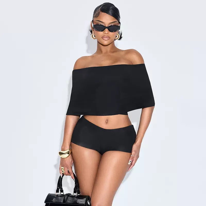 MB FASHION Off-Shoulder Crop Top & High-Waisted Shorts Set 194