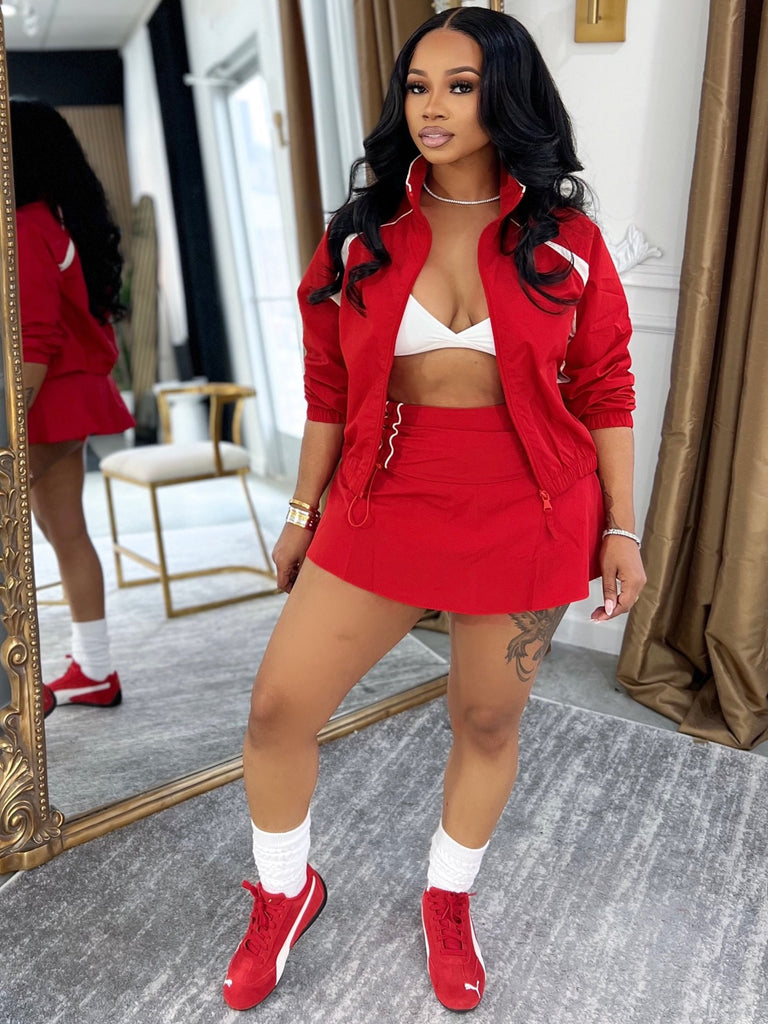 MB FASHION Long Sleeve Zip-Up Cropped Jacket & Ruched Mini Skirt Set 6012