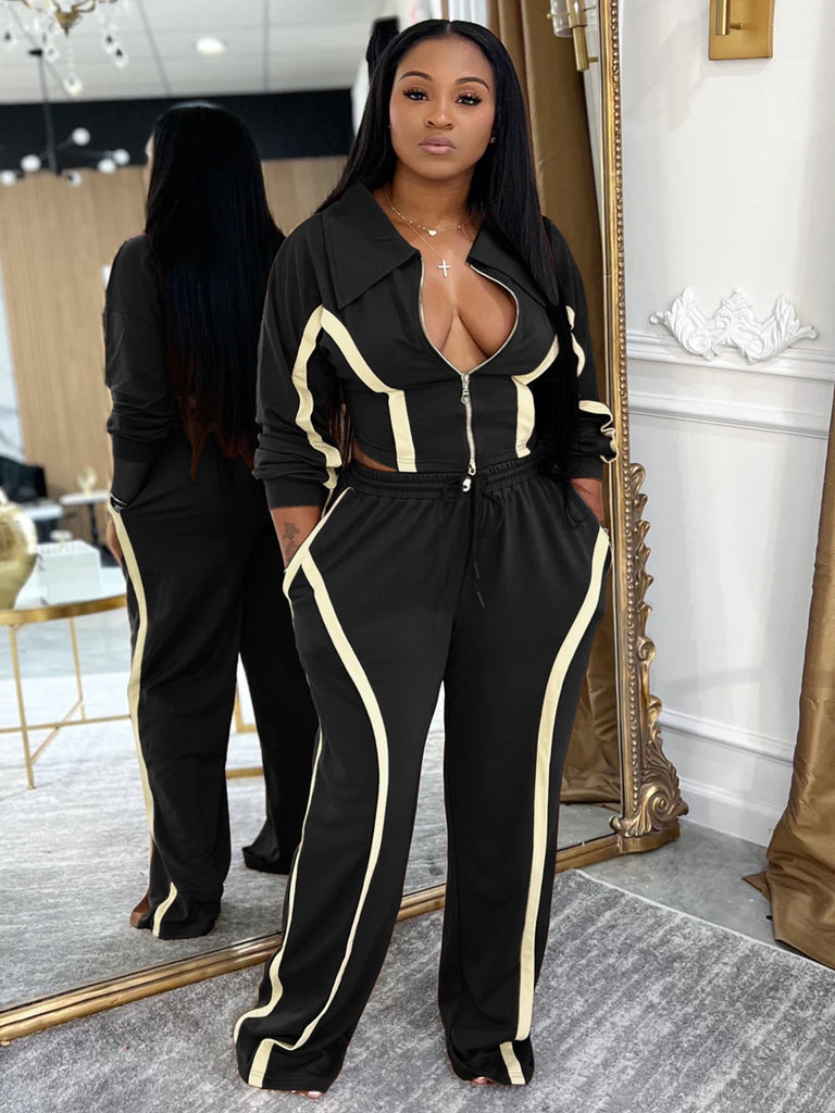 MB FASHION Zip-Up Contrast Stripe Two-Piece Lounge Set 5039