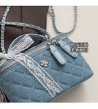 EVERY FASHION Light Blue Quilted Mini Handbag Charm – Chain Strap Kawaii Crossbody Purse with Lace Bow