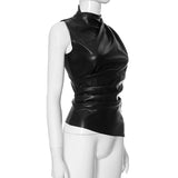 MB FASHION Sleeveless Asymmetrical Faux Leather Top 298