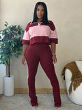 MB FASHION Two-Piece Colorblock Polo Crop and Flare Set 6036