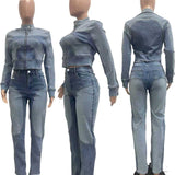 MB FASHION Two-Piece Zip-Up Denim Jacket and High-Waist Jeans Set 8196