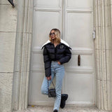 MB FASHION Letter Patch Cropped Puffer Jacket with Fleece Collar 392