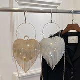 Every Fashion Heart-Shaped Rhinestone Evening Bag with Fringe Chain Detail