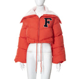 MB FASHION Letter Patch Cropped Puffer Jacket with Fleece Collar 392