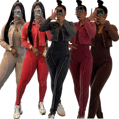 MB FASHION Two-Piece Fitted Jumpsuit and Cropped VINTAGE WASH Jacket Set 6329