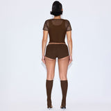MB FASHION Sheer Mesh Short Sleeve Crop Top & High-Waisted Shorts Set 559