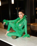 MB FASHION Feather Trim Sheer Jumpsuit Set 65