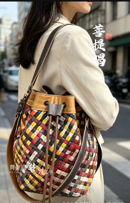 EVERY FASHION Woven Leather Drawstring Bucket Bag
