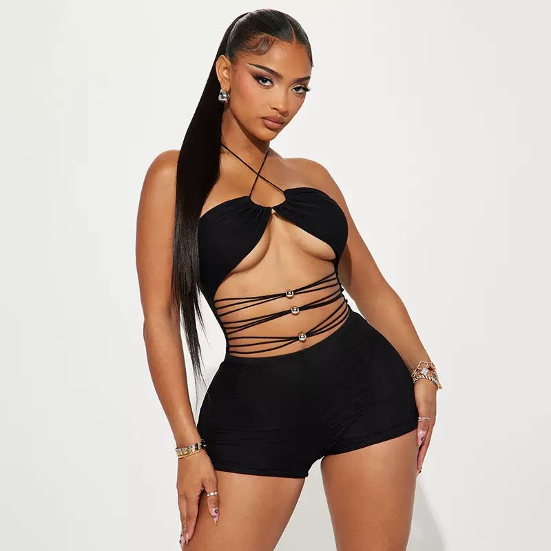 MB FASHION Halter Cut-Out Romper – Strappy Waist Short Jumpsuit 173