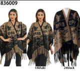 Every Fashion Fringe Hem Graphic Knit Poncho Wrap