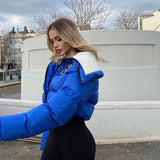 MB FASHION Letter Patch Cropped Puffer Jacket with Fleece Collar 392