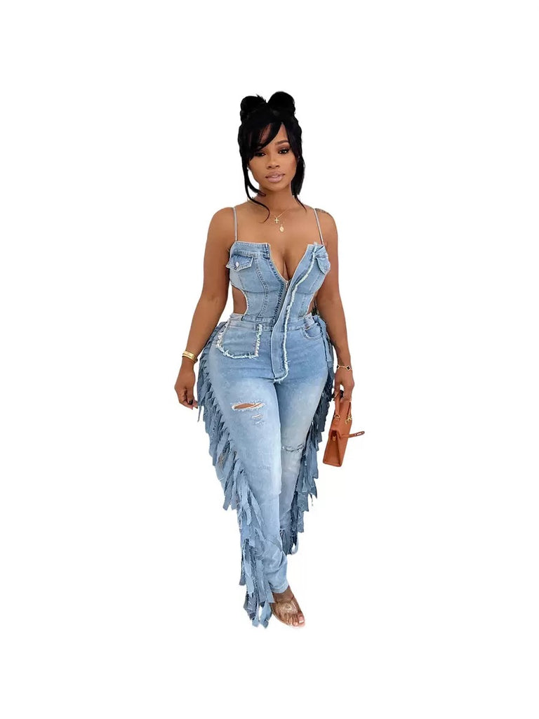 MB FASHION Denim Fringe Jumpsuit – Corset Cutout Spaghetti Strap Distressed 8206