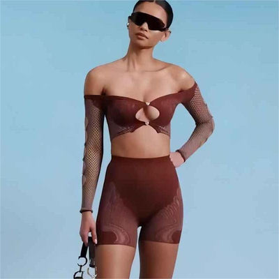 MB FASHION Off-Shoulder Mesh Two-Piece Set with Cutouts and Lace Details 0135LY