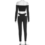 MB FASHION Off-Shoulder Long Sleeve Crop Top & Cutout High-Waist Leggings Set 318