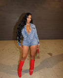 MB FASHION Long Sleeve Denim Romper Button Up Collared Jumpsuit Shorts 88538
