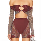 MB FASHION Off-Shoulder Mesh Two-Piece Set with Cutouts and Lace Details 1035LY