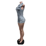MB FASHION Sleeveless Button-Up Denim Romper with Frayed Hem 88645