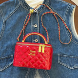 Every Fashion Quilted Patent Box Handbag with Top Handle and Chain Strap