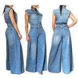MB FASHION Sleeveless Wide Leg Denim Jumpsuit - Light Blue 1300