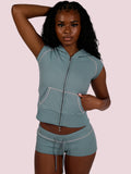 MB FASHION Waffle Knit Short Sleeve Hooded Zip-Up Crop Top & Shorts 2 PCS SET