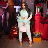 MB FASHION Feather Trim Sheer Jumpsuit Set 65