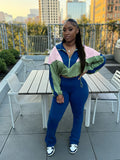 EVERY FASHION Color-Block Cropped Jacket and High-Waist Flare Pants Set MB 4060LY