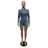 MB FASHION Long Sleeve Denim Romper Button Up Collared Jumpsuit Shorts 88538