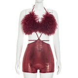 MB FASHION Fuzzy Halter Cutout Romper 306