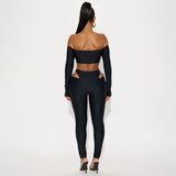 MB FASHION Off-Shoulder Long Sleeve Crop Top & Cutout High-Waist Leggings Set 318