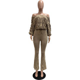 MB FASHION Ruched Off-Shoulder Top & High-Waist Flared Pants Set 9532