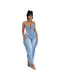 MB FASHION Denim Fringe Jumpsuit – Corset Cutout Spaghetti Strap Distressed 8206