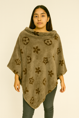Every Fashion Floral Print Faux Fur Poncho with Cozy Drape