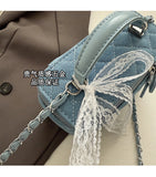 EVERY FASHION Light Blue Quilted Mini Handbag Charm – Chain Strap Kawaii Crossbody Purse with Lace Bow