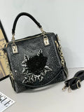 EVERY FASHION Denim Rhinestone Embroidered Floral Handbag